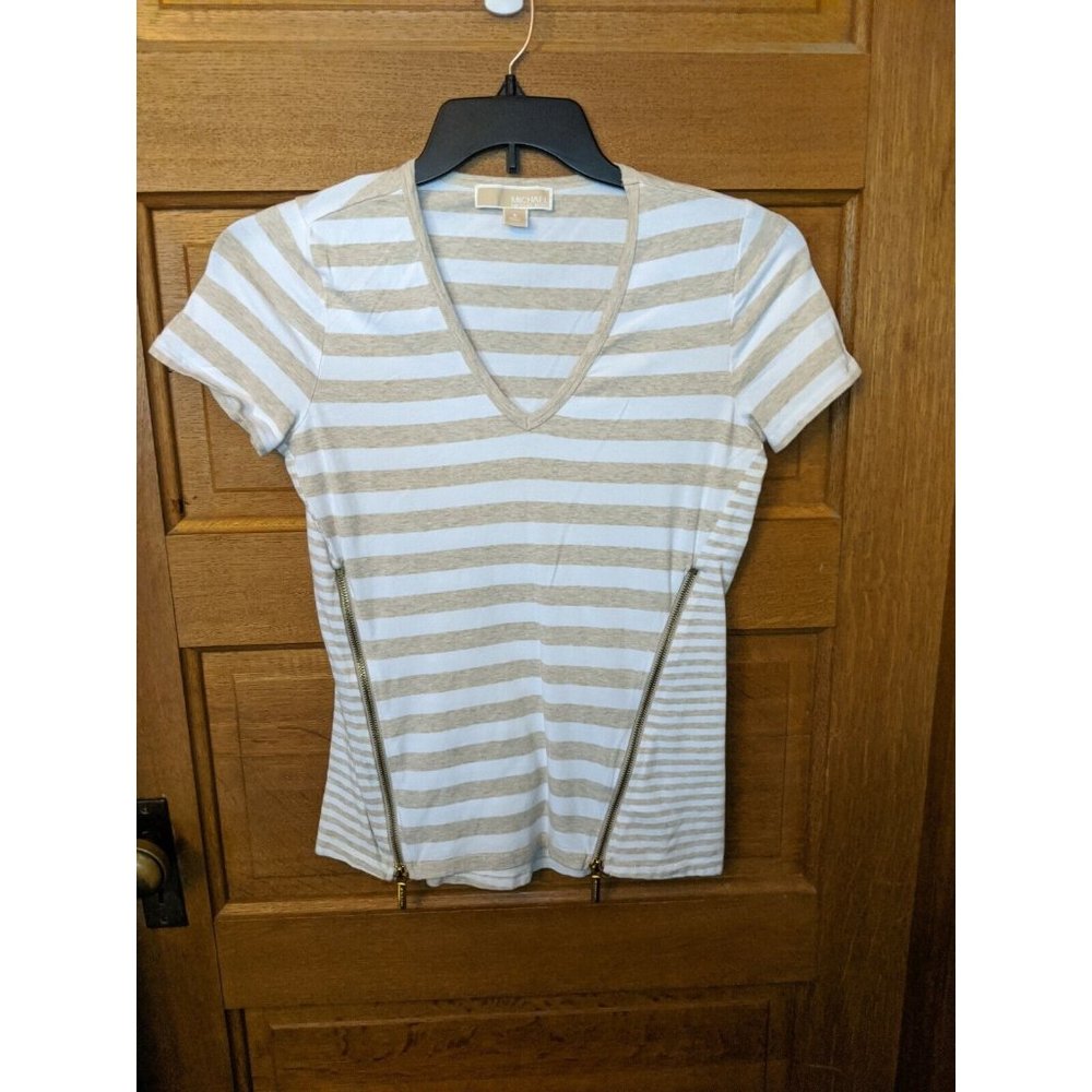 Michael Kors Shirt Size S Tan White Striped Zippers Sides Womens